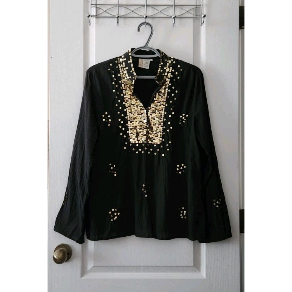 Wormens Sequin Black Blouse Top Long Sleeve Round V-Neck Linen Cotton Size M